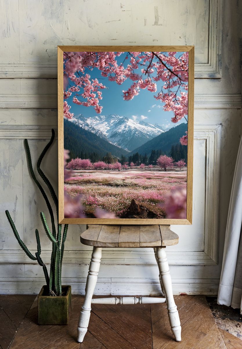 Cherry Blossom Mountain Landscape Poster. room preview