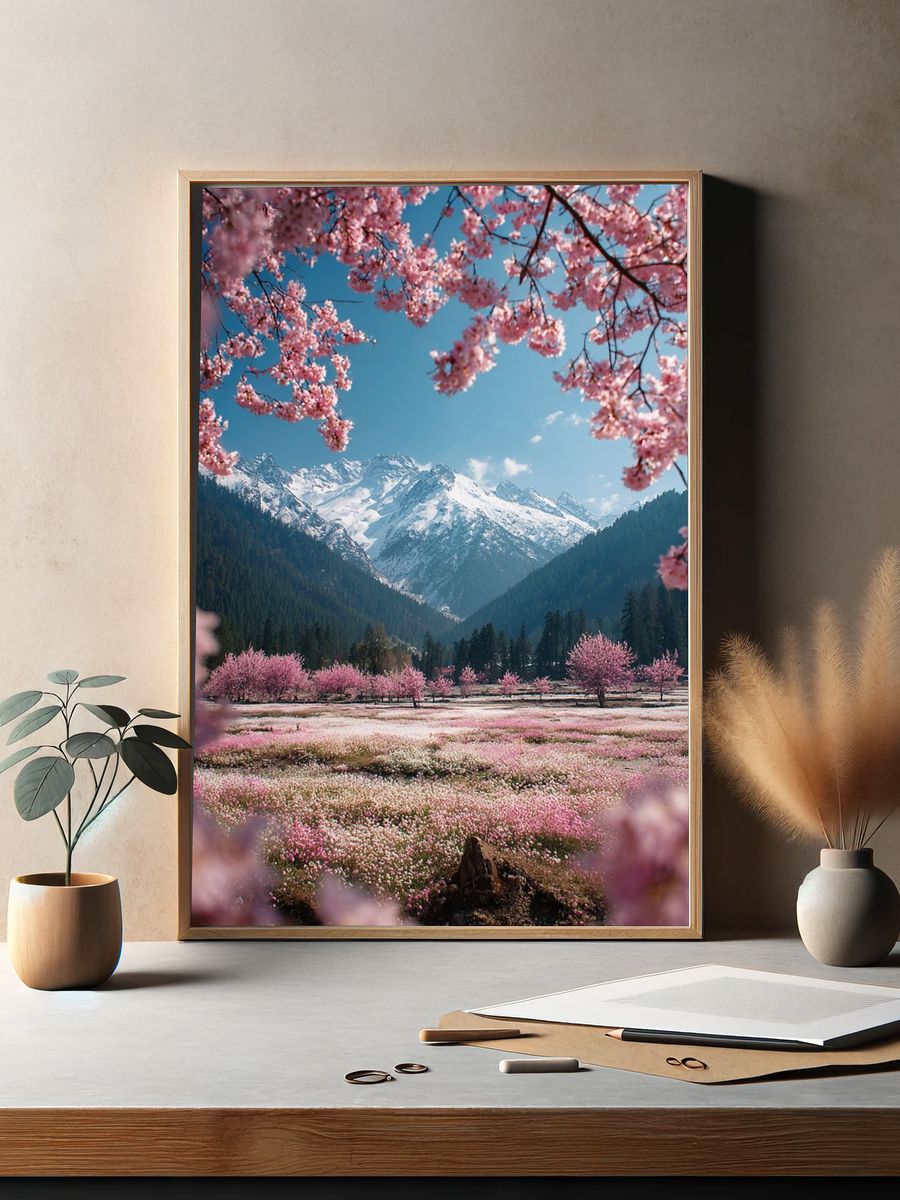 Cherry Blossom Mountain Landscape Poster. — room view 2