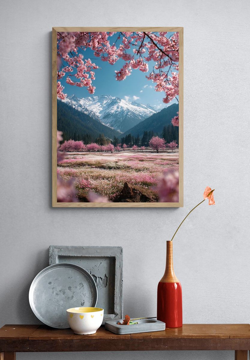 Cherry Blossom Mountain Landscape Poster. — room view 3