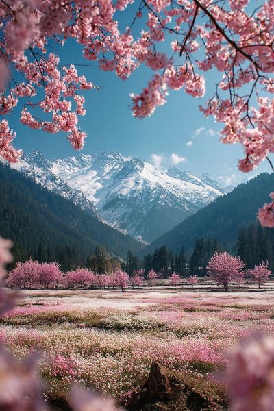 Cherry Blossom Mountain Landscape Poster. poster