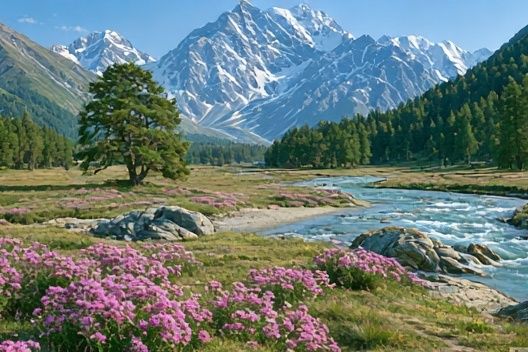 Alpine River Valley Landscape Poster. poster detail