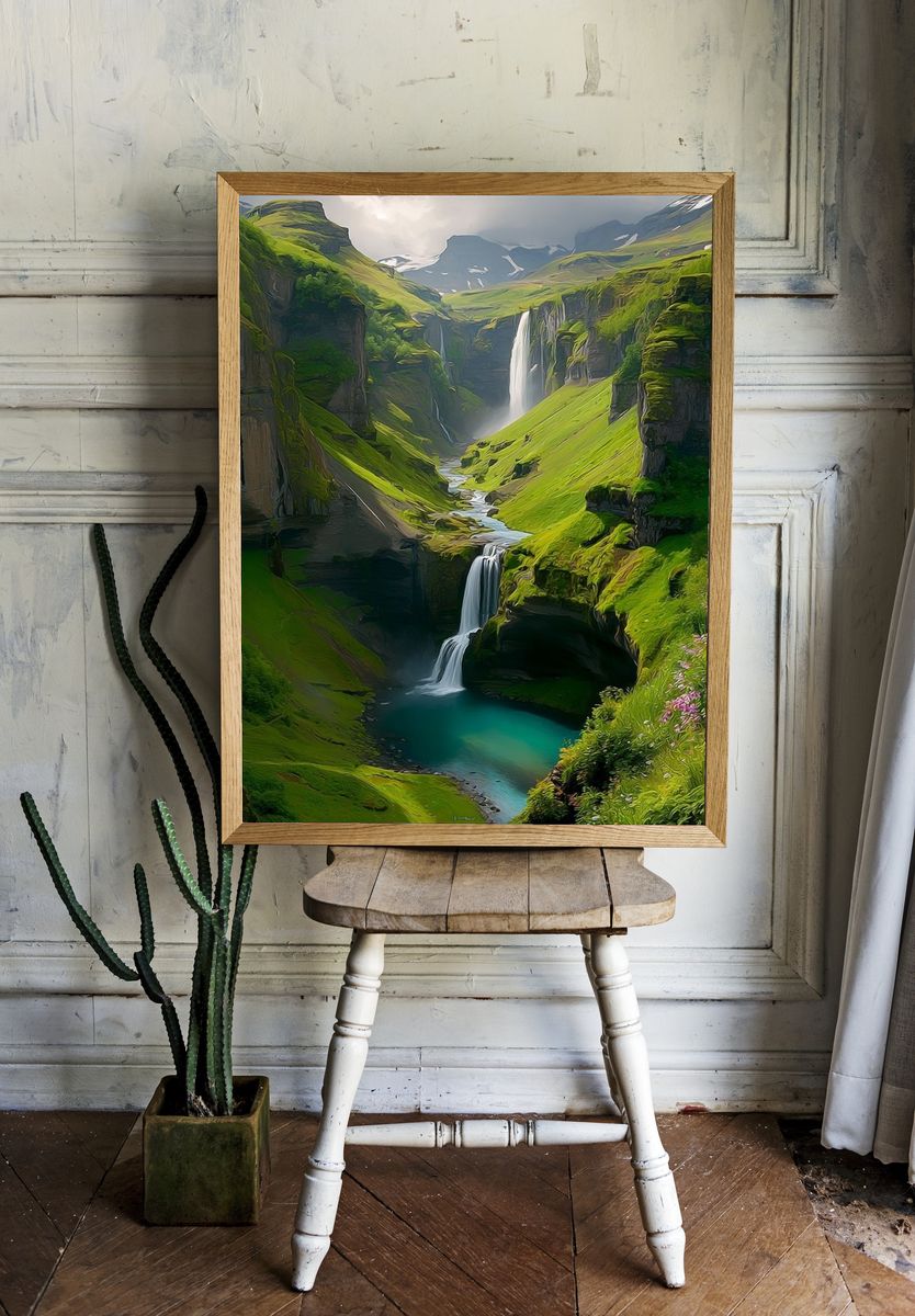 Misty Waterfall Valley Nature Print. room preview
