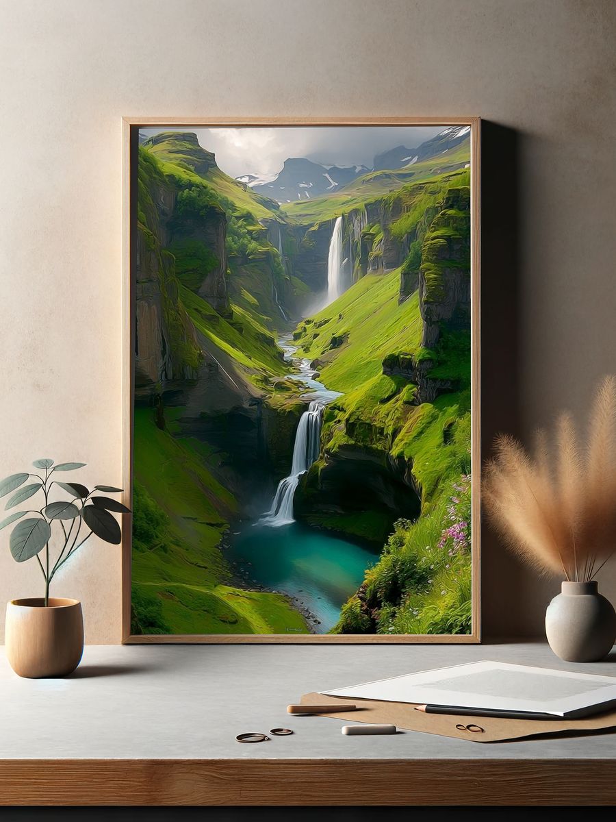 Misty Waterfall Valley Nature Print. — room view 2
