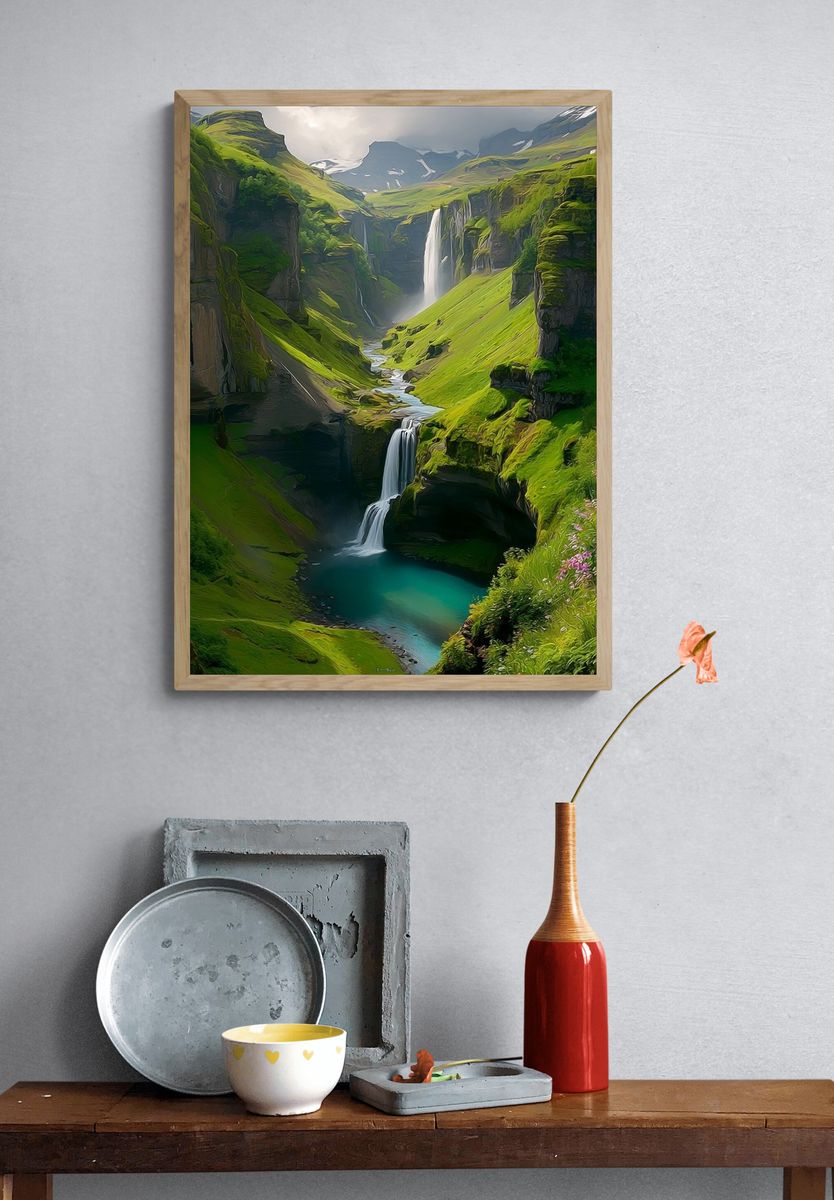 Misty Waterfall Valley Nature Print. — room view 3