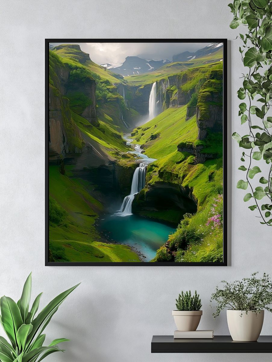 Misty Waterfall Valley Nature Print. — room view 4