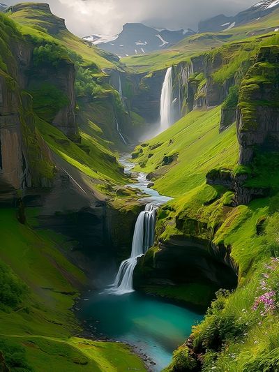 Misty Waterfall Valley Nature Print. poster