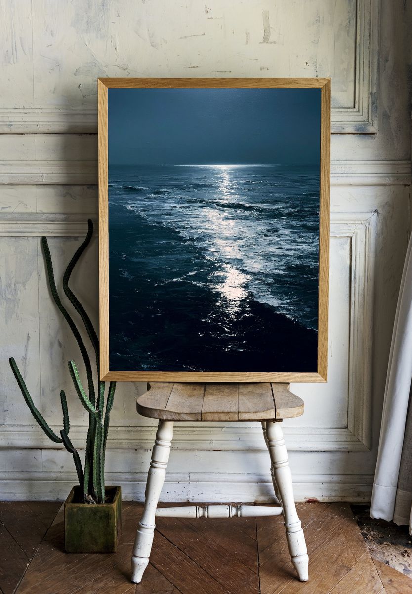 Moonlit Ocean Horizon Poster. room preview