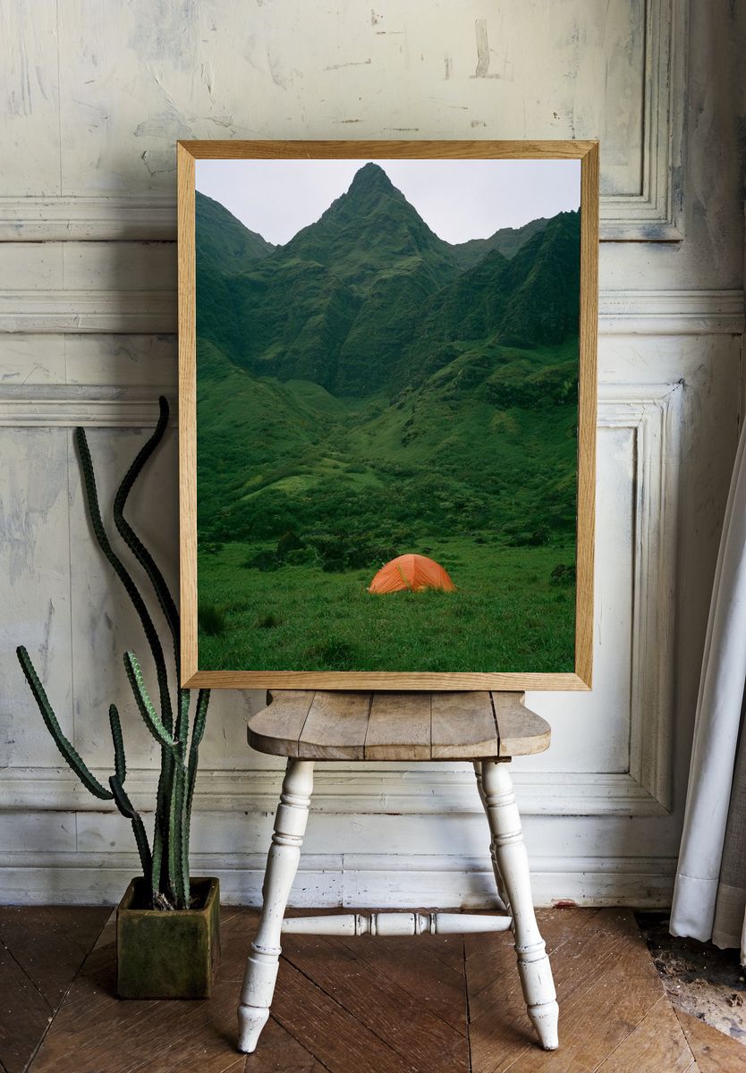 Misty Green Mountain Camp Poster. room preview