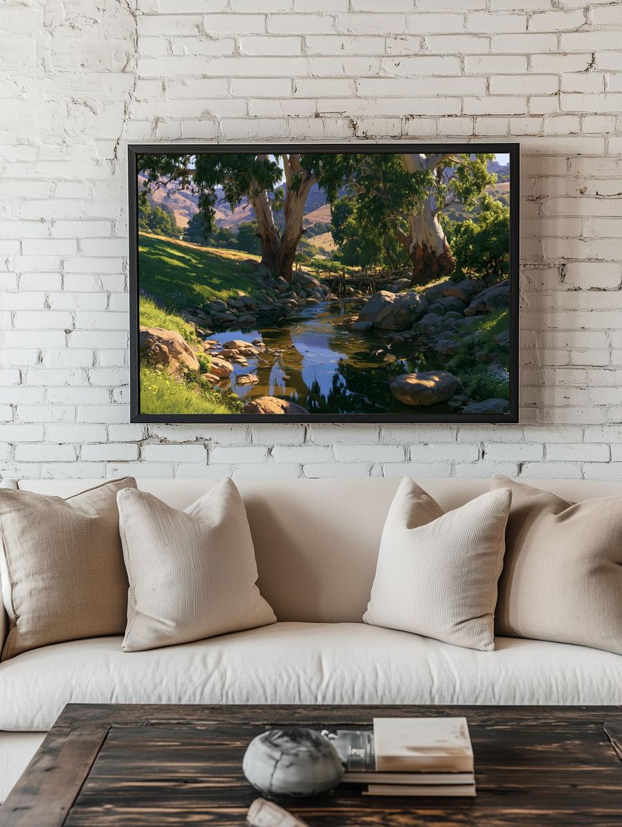 Sunlit Creek Valley Nature Print. room preview