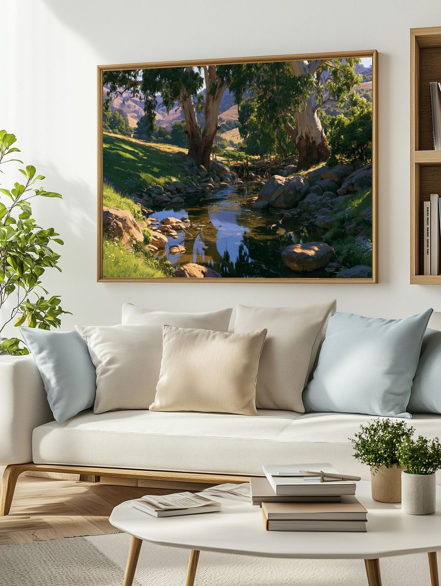 Sunlit Creek Valley Nature Print. — room view 2