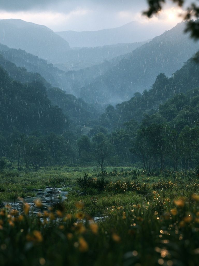 Rainy Mountain Valley Landscape Poster. poster detail
