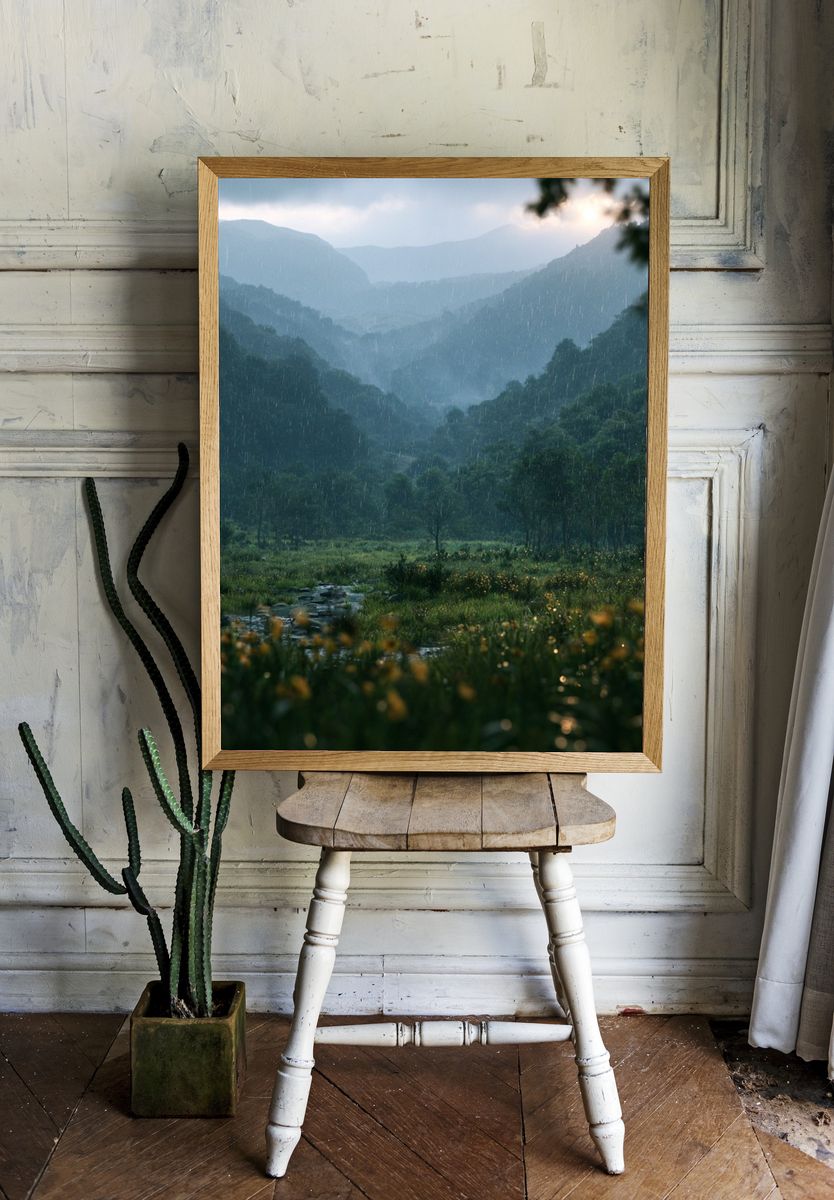 Rainy Mountain Valley Landscape Poster. room preview