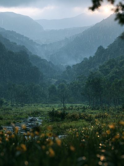 Rainy Mountain Valley Landscape Poster.