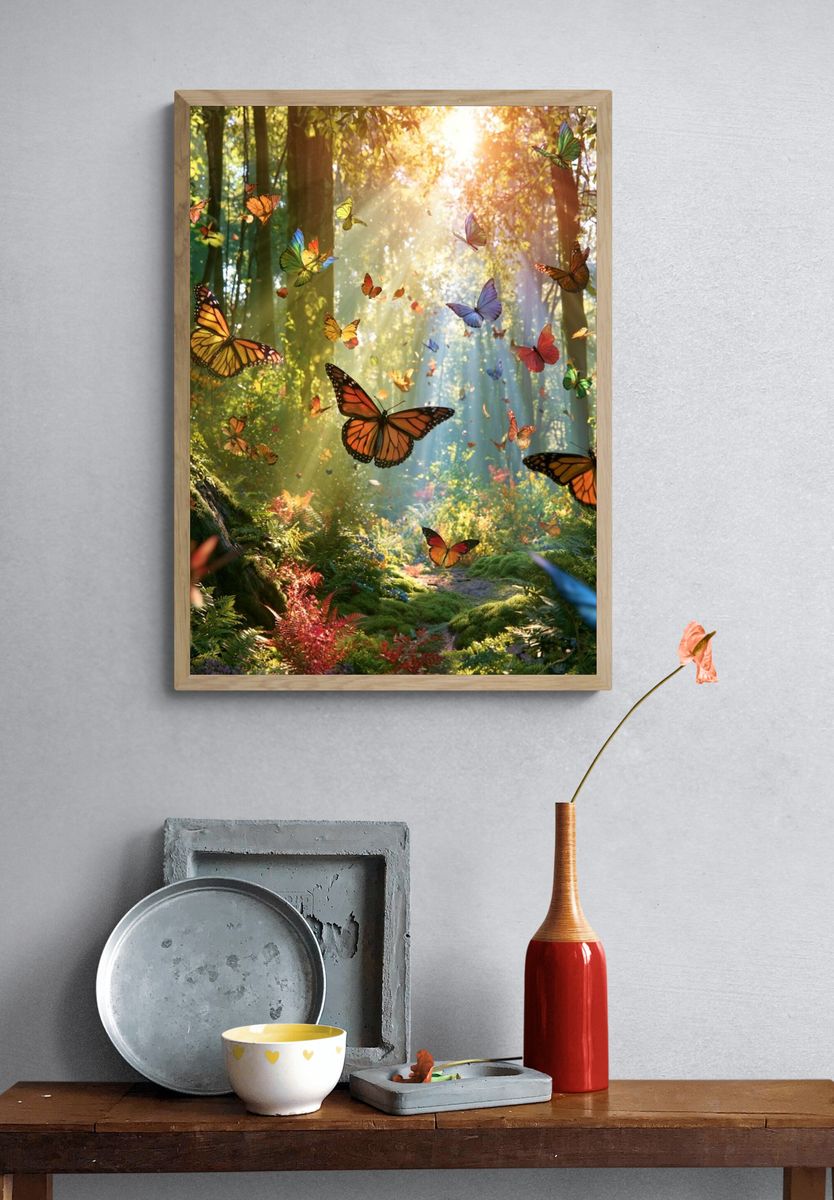 Butterfly Forest Sunlight Poster. — room view 3