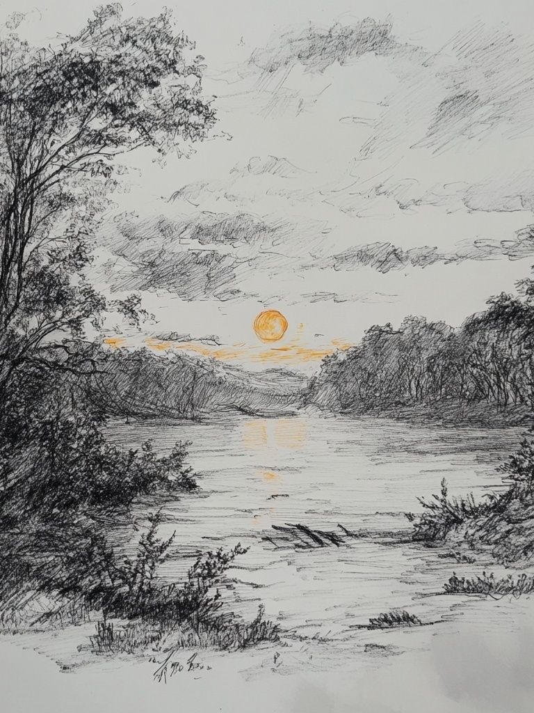Sunset River Sketch Poster. poster — nature art