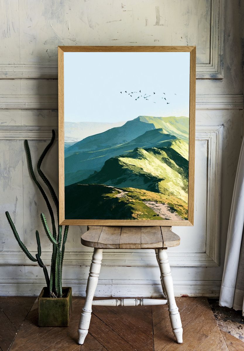 Misty Mountain Ridge Landscape Print. room preview