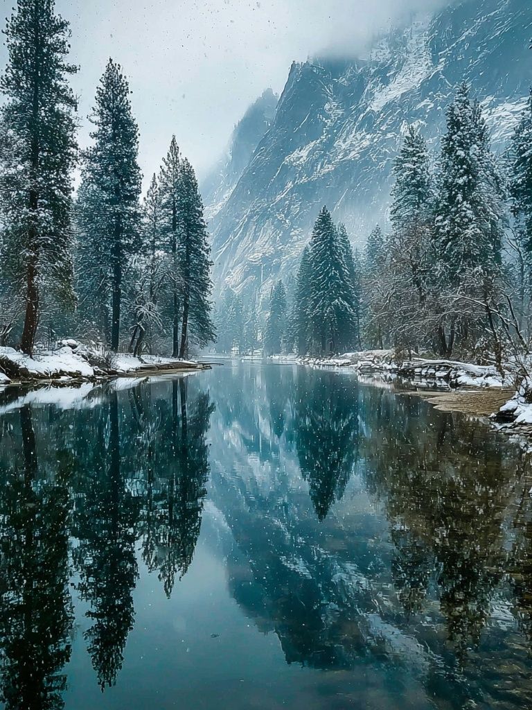 Snowy Mountain River Landscape Poster. poster detail