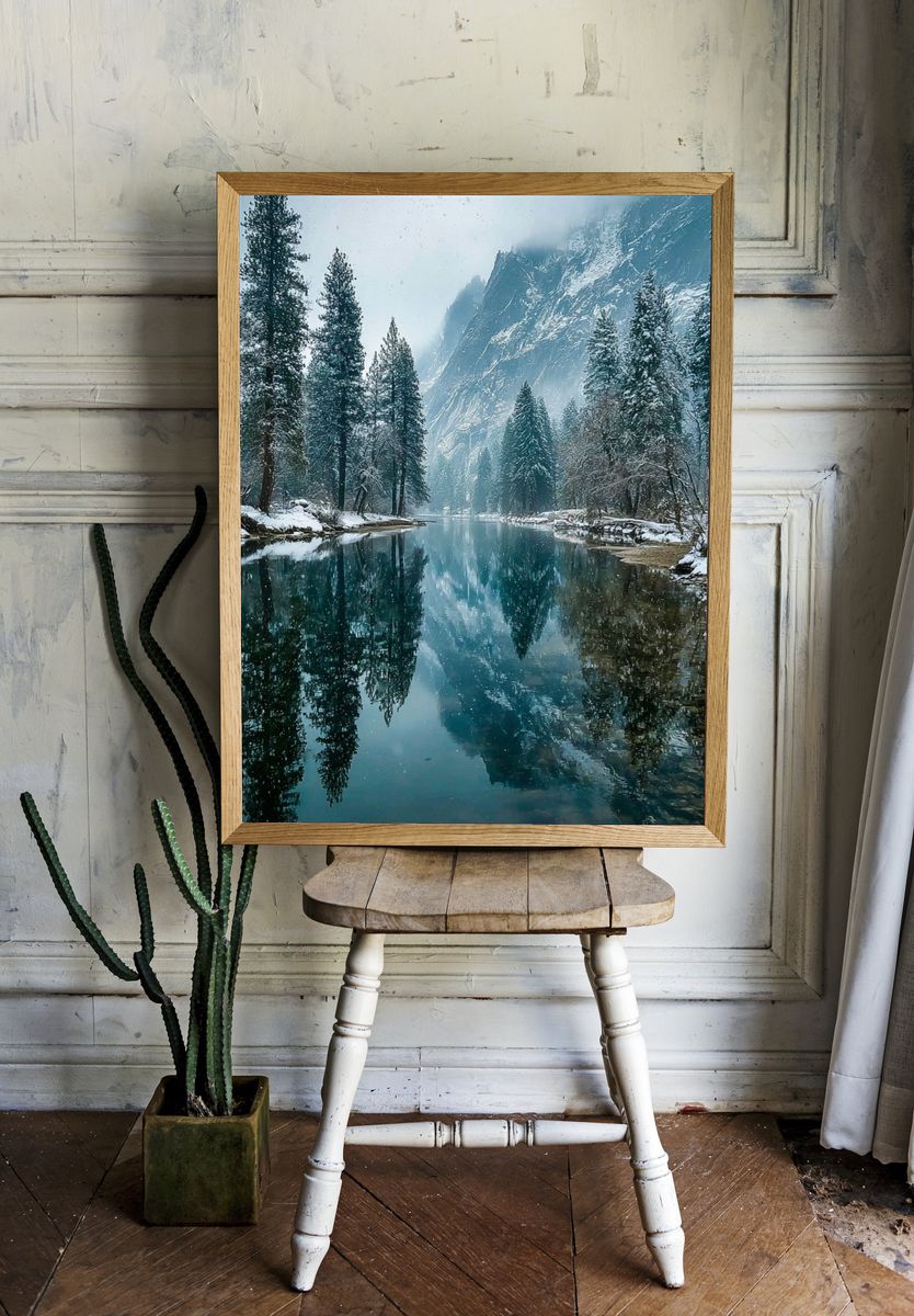 Snowy Mountain River Landscape Poster. — room view 1
