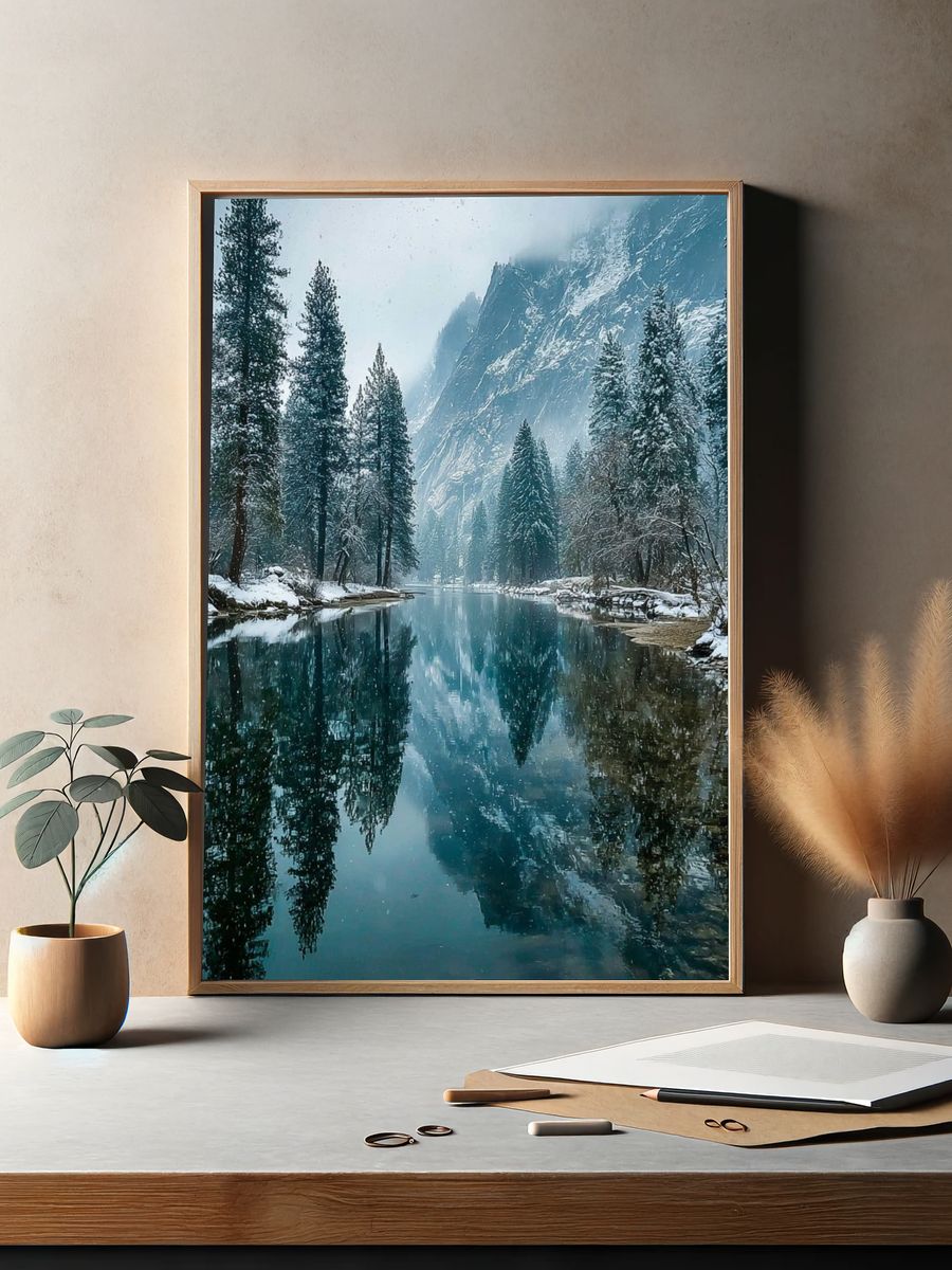 Snowy Mountain River Landscape Poster. — room view 2