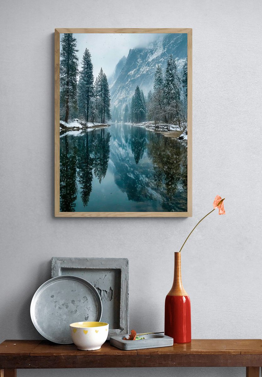 Snowy Mountain River Landscape Poster. — room view 3