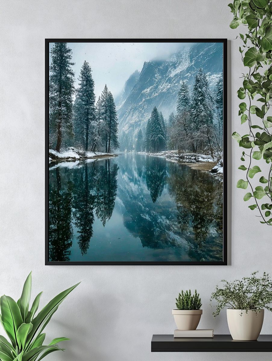 Snowy Mountain River Landscape Poster. — room view 4