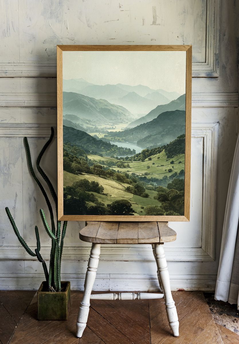 Misty Mountain Valley Illustration Poster. room preview