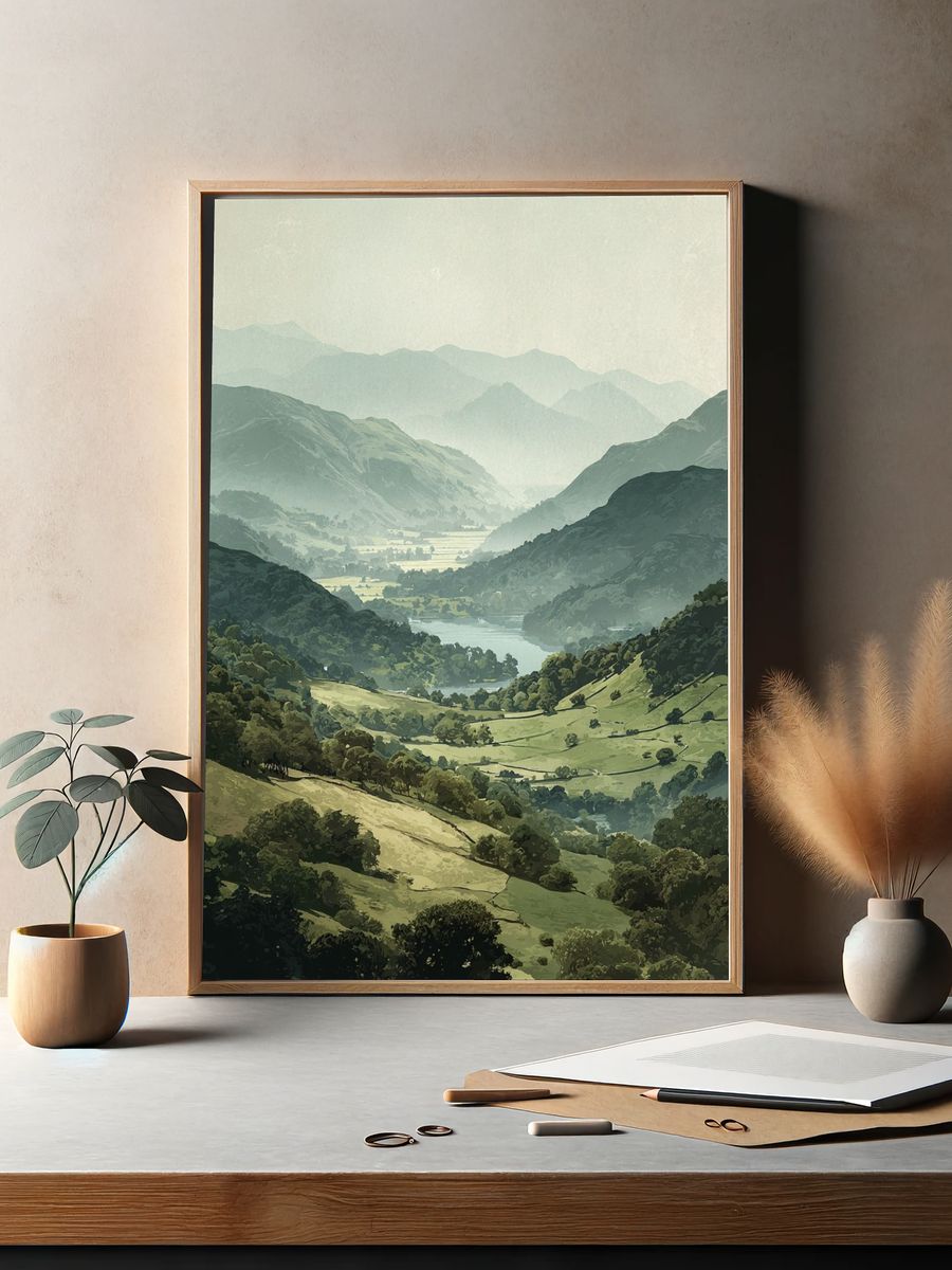 Misty Mountain Valley Illustration Poster. — room view 2