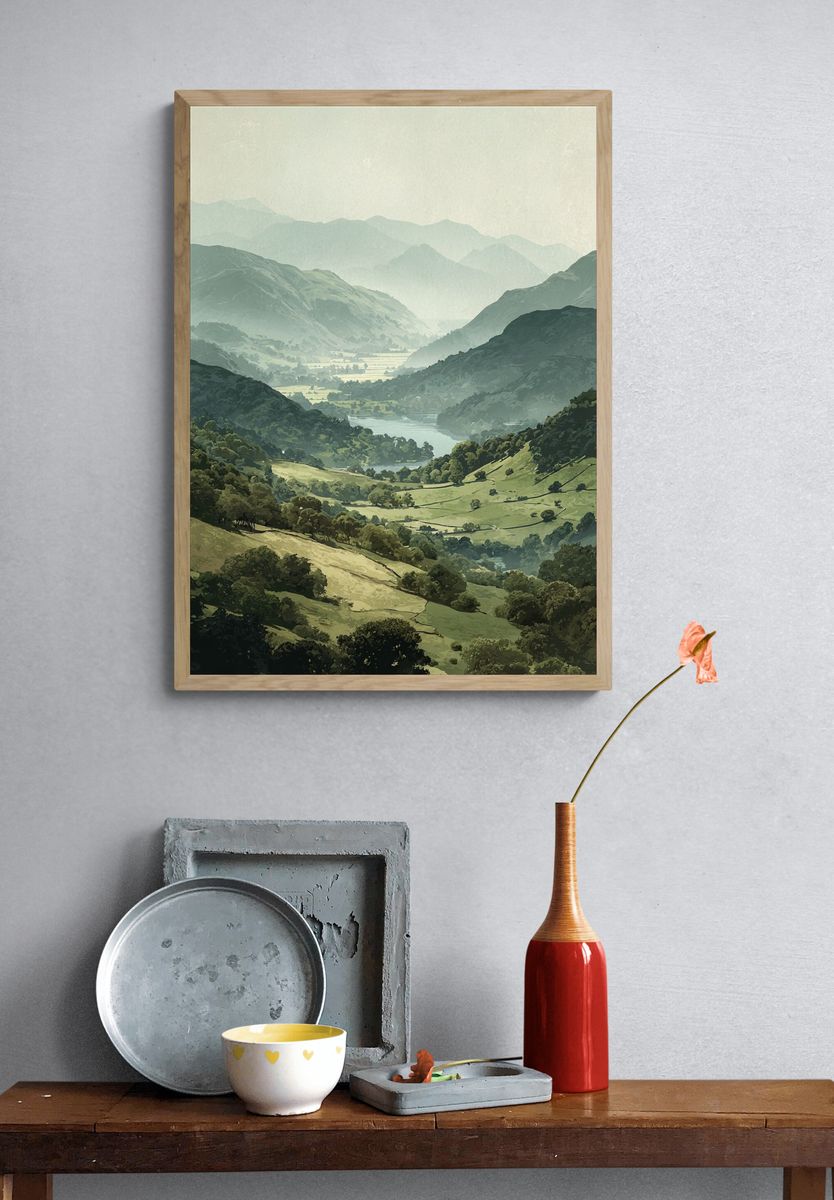 Misty Mountain Valley Illustration Poster. — room view 3