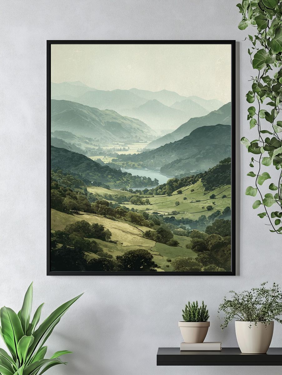 Misty Mountain Valley Illustration Poster. — room view 4