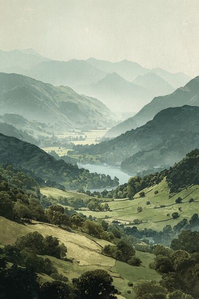 Misty Mountain Valley Illustration Poster.