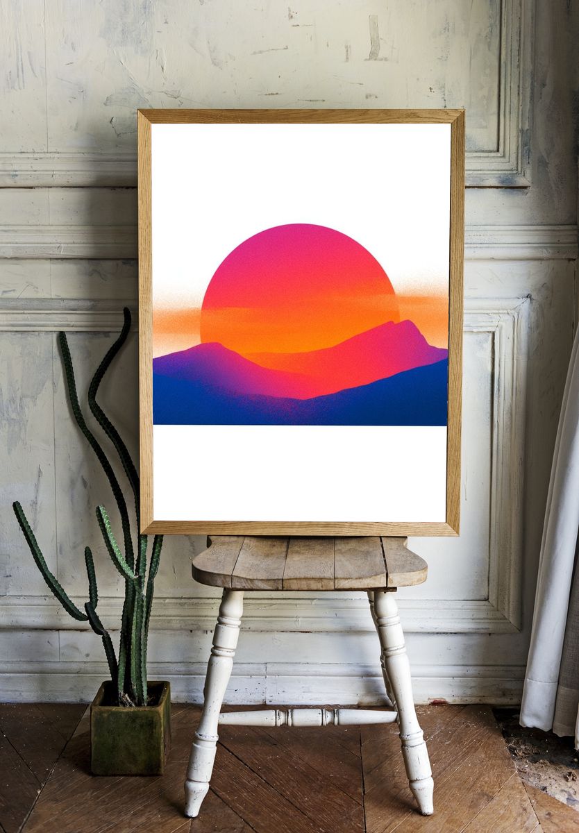 Neon Sunset Mountains Print. room preview