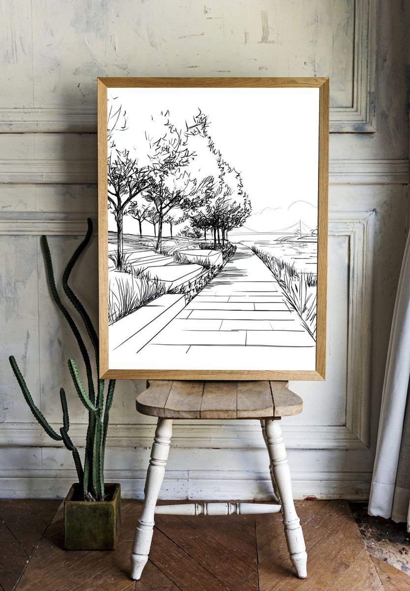 Riverside Path Sketch Poster. — room view 1