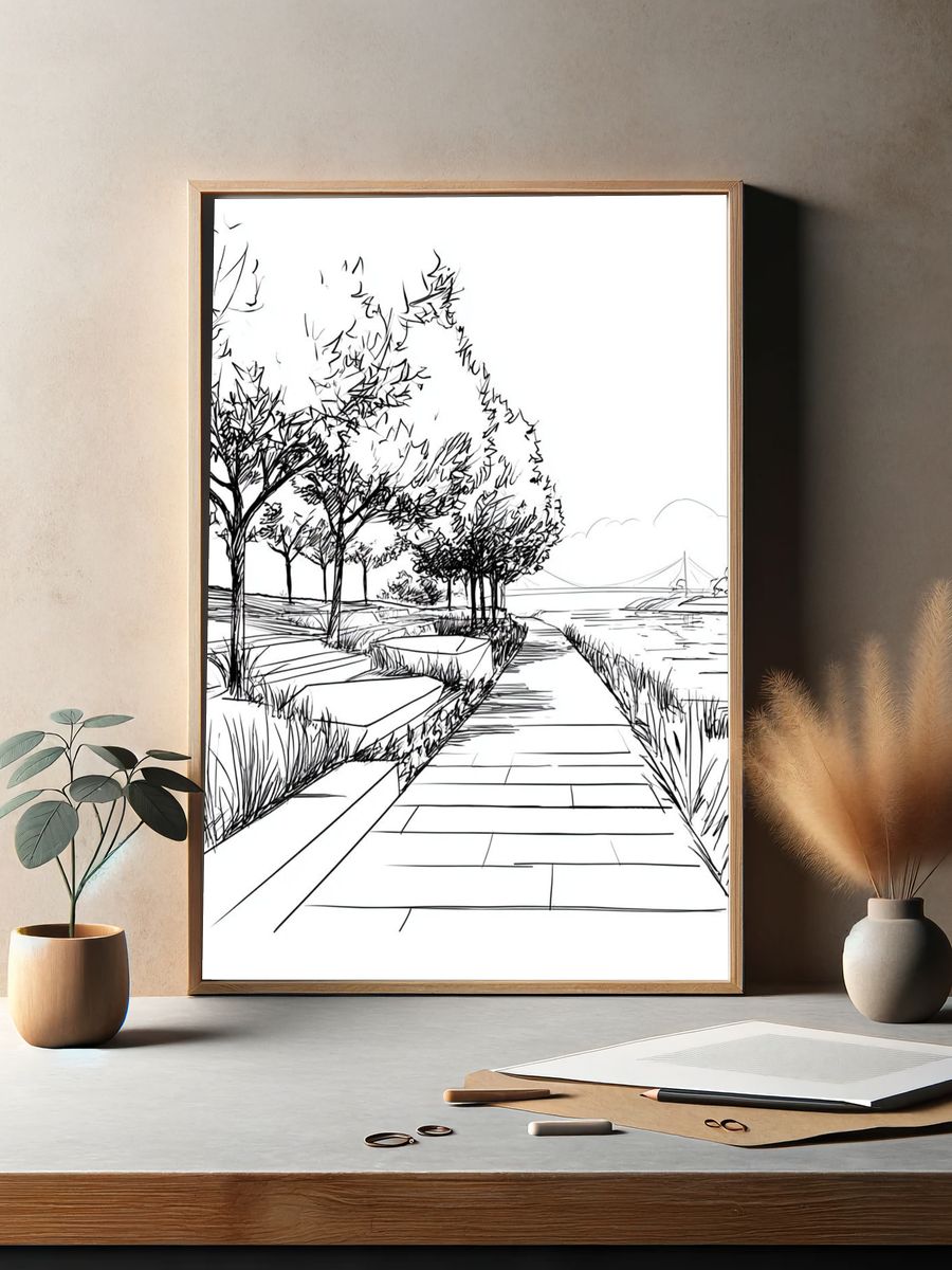 Riverside Path Sketch Poster. — room view 2