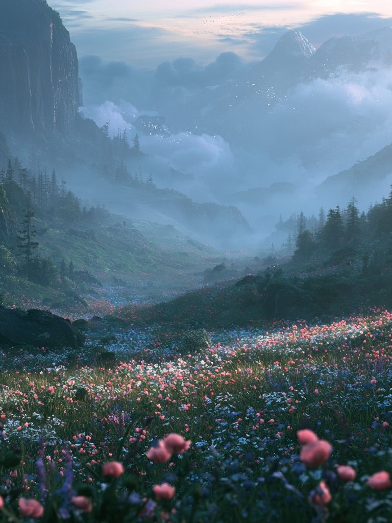 Misty Flower Valley Nature Poster. poster detail