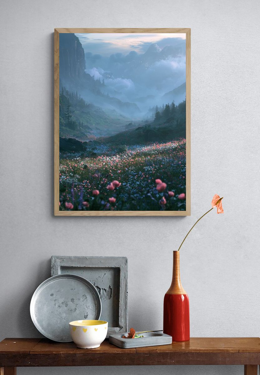 Misty Flower Valley Nature Poster. — room view 3