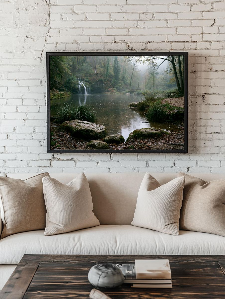 Misty Forest Waterfall Poster. — room view 1