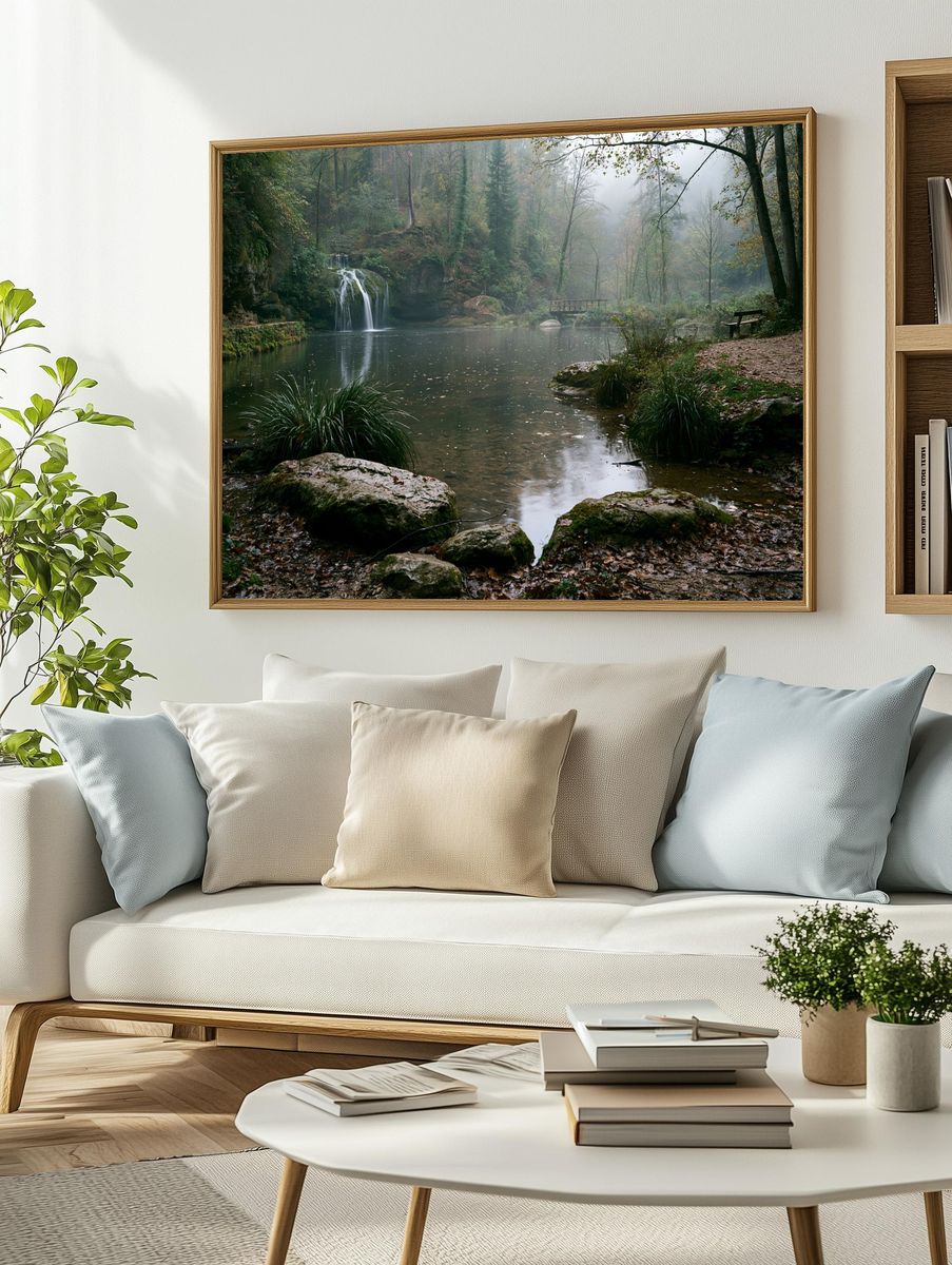 Misty Forest Waterfall Poster. — room view 2