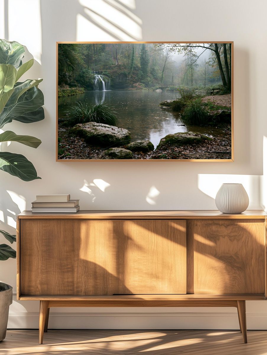 Misty Forest Waterfall Poster. — room view 3