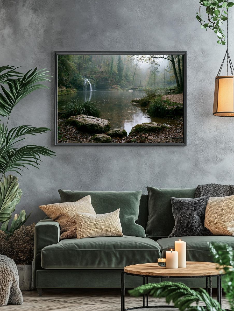 Misty Forest Waterfall Poster. — room view 4
