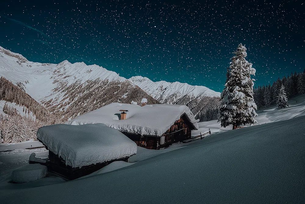 Snowy Mountain Cabin Night Poster. poster detail