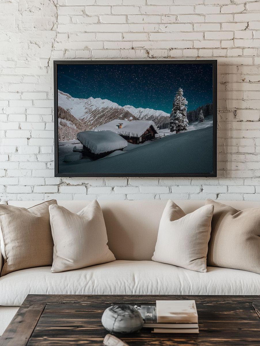 Snowy Mountain Cabin Night Poster room preview