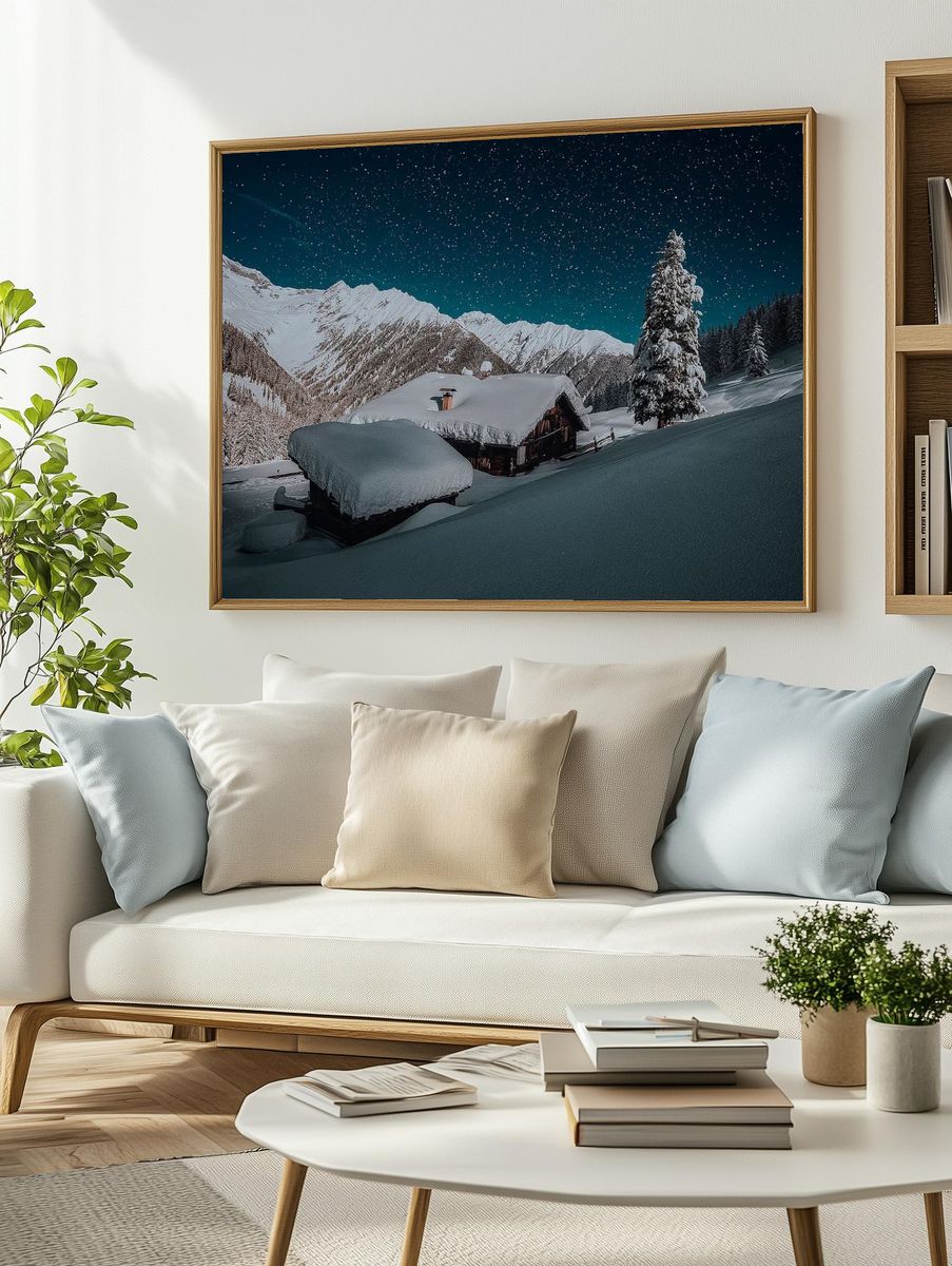 Snowy Mountain Cabin Night Poster. — room view 2