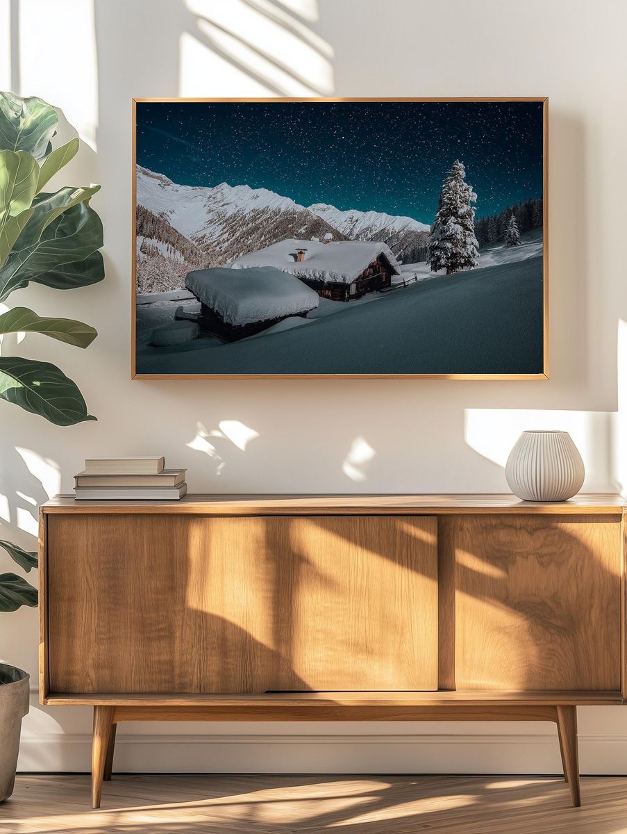 Snowy Mountain Cabin Night Poster. — room view 3
