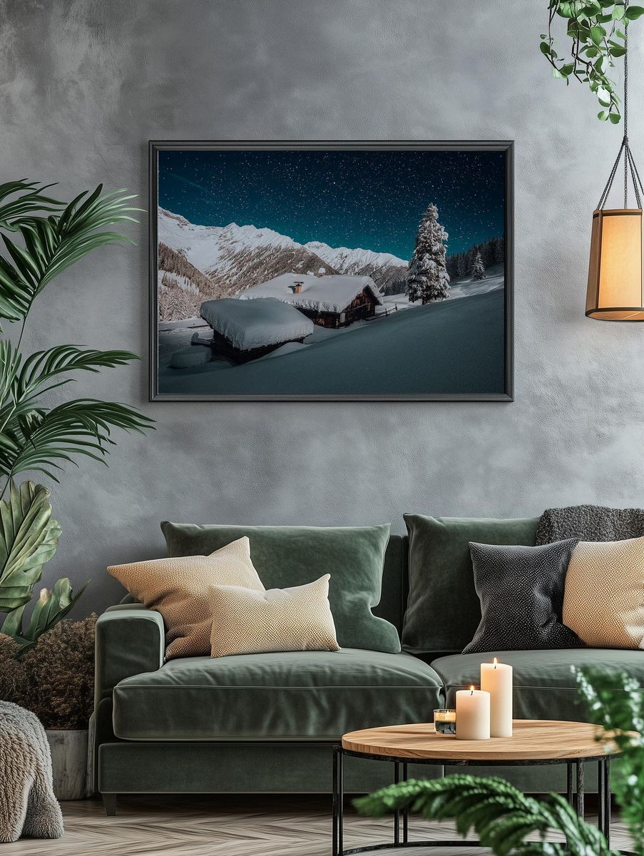 Snowy Mountain Cabin Night Poster. — room view 4