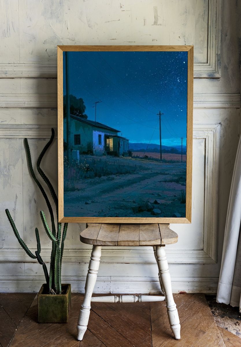 Starry Rural Night Landscape Print. room preview