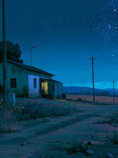 Starry Rural Night Landscape Print.