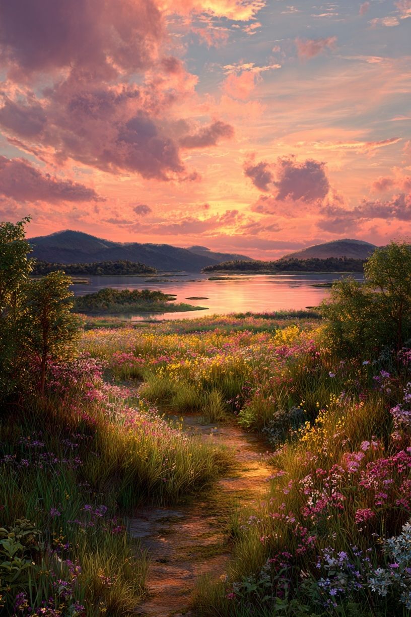 Sunset Wildflower Lake Poster. poster — nature art