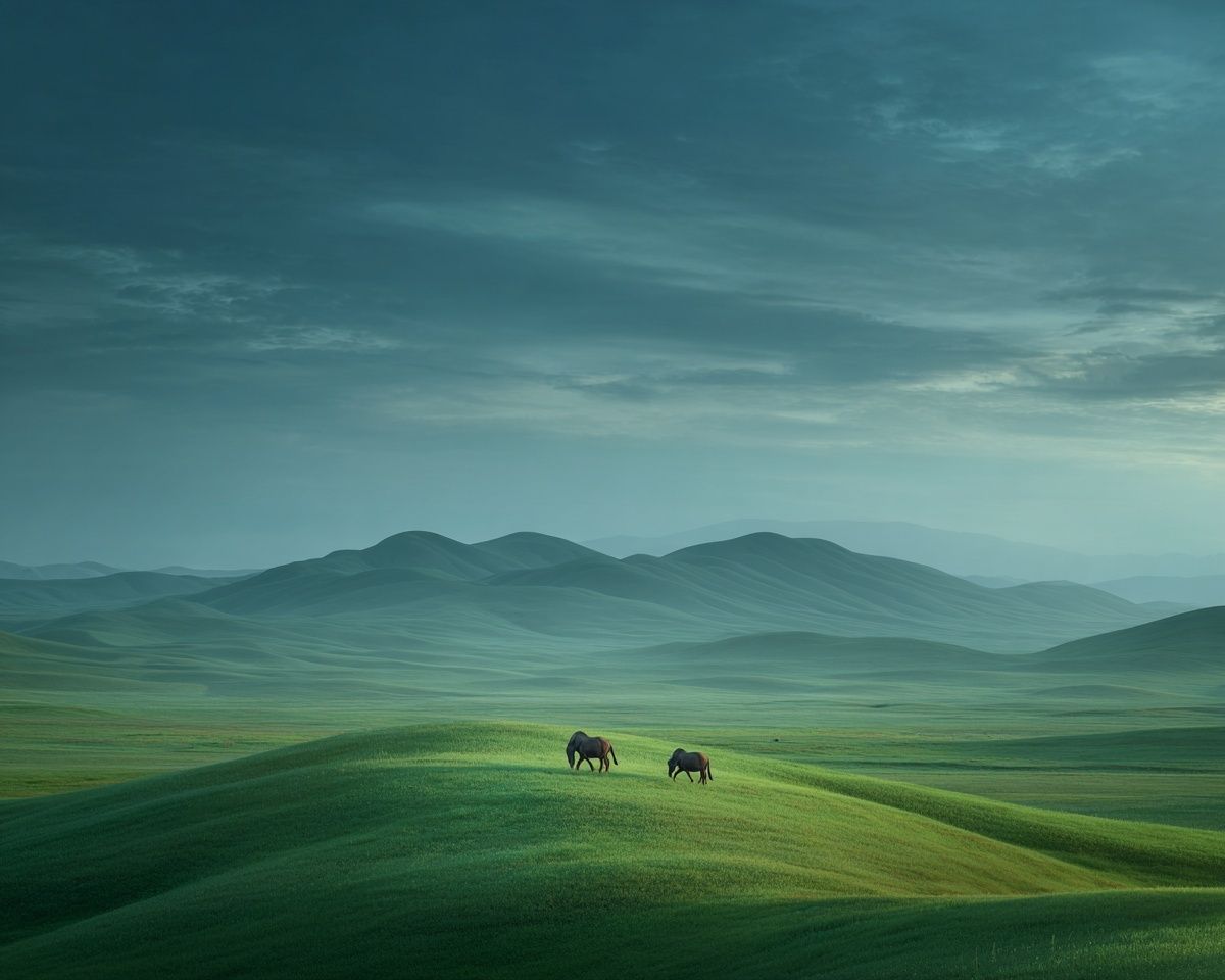 Misty Green Hills and Horses Poster. poster — nature art