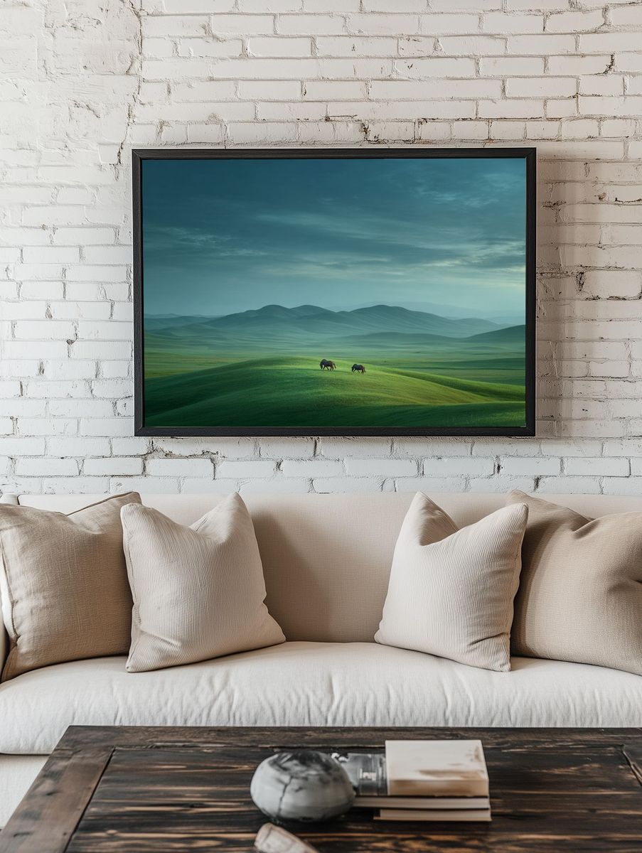 Misty Green Hills and Horses Poster. — room view 1
