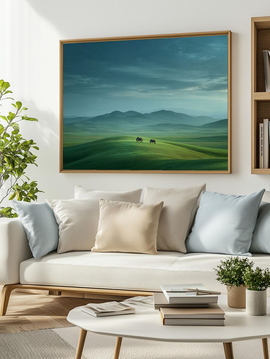 Misty Green Hills and Horses Poster. — room view 2
